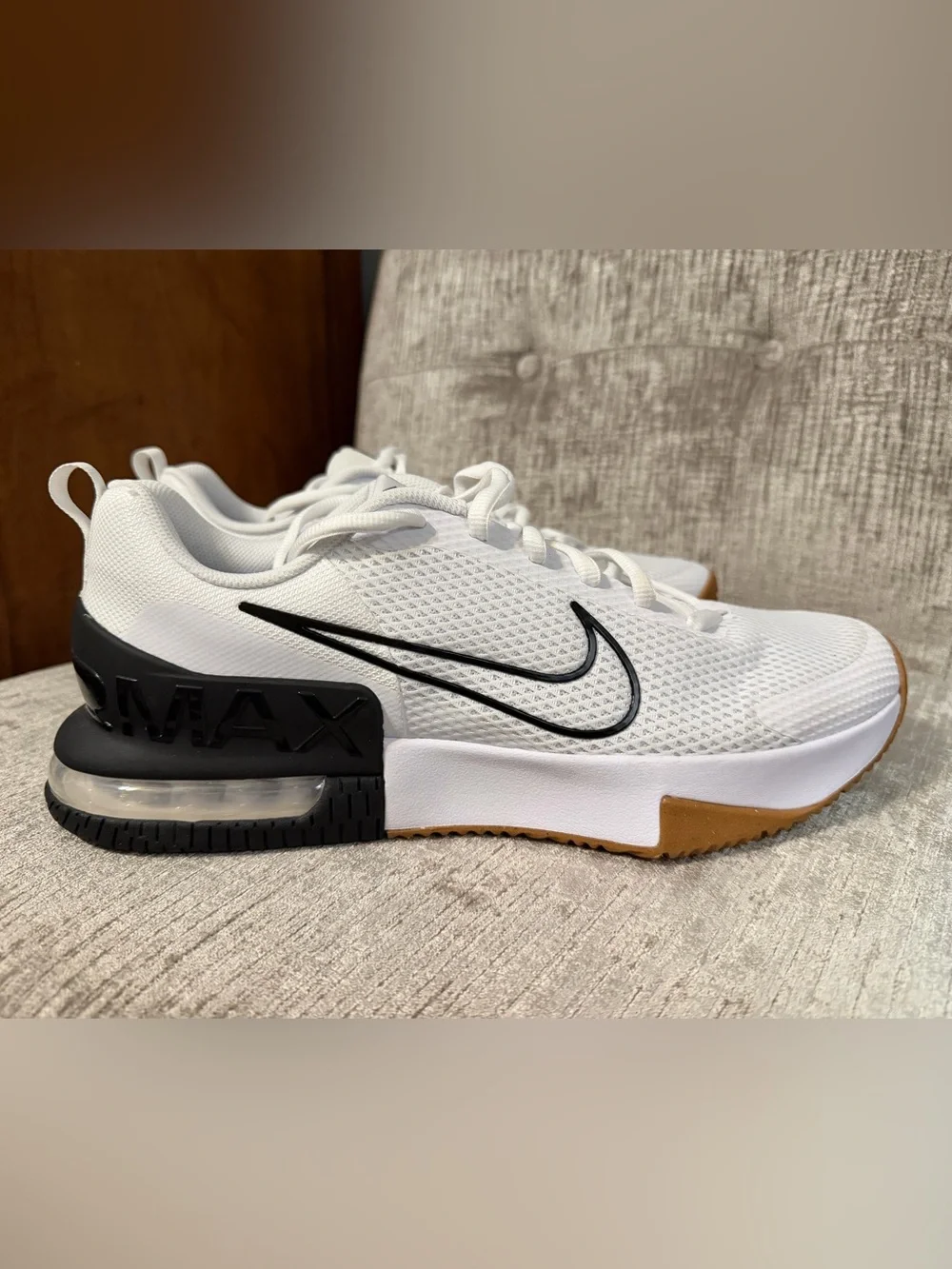 New Men's Nike Air Max White Sneakers with Black Swoosh and Gum Trim